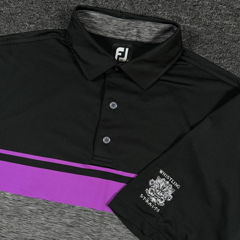 FootJoy Polo Shirt Mens Medium Black Purple Whistling Straits Golf Performance